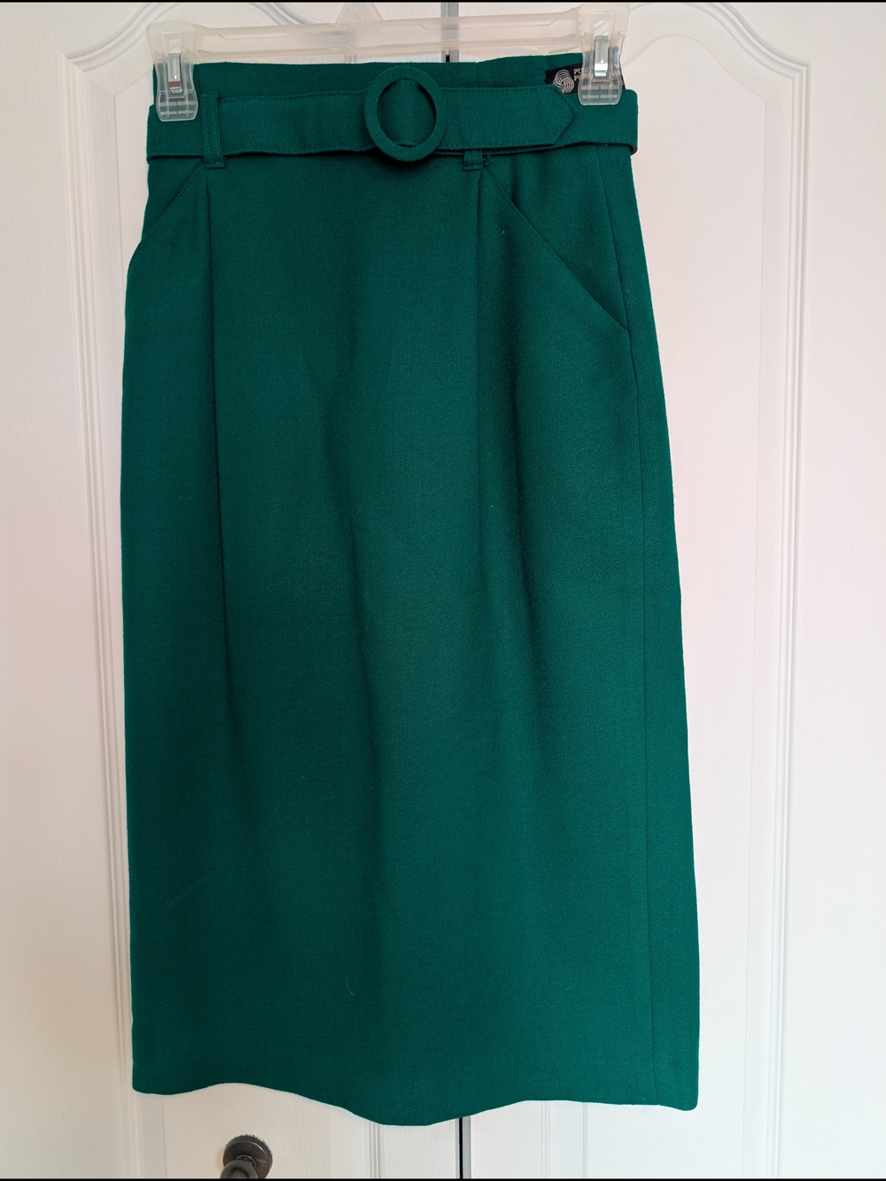 High-Rise Emerald Green Wool Midi Skirt with Matching Belt
